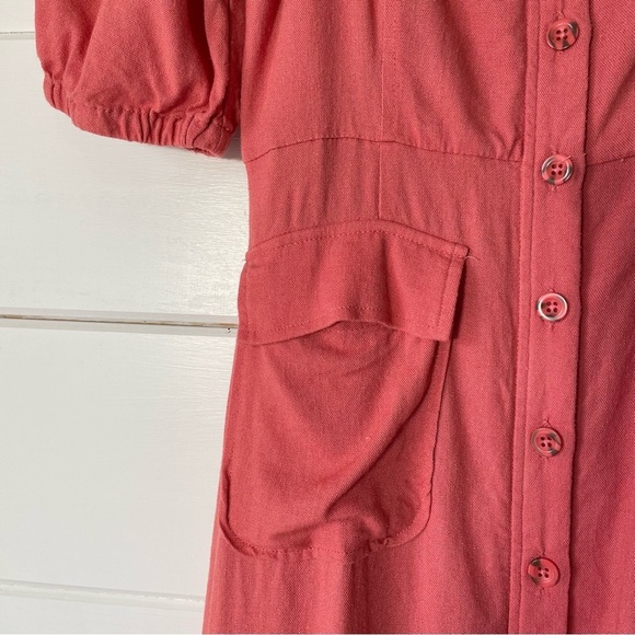 BCBGMAXAZRIA Fit and Flare Safari Midi Dress Salmon Pink Size 4‎ Puff Sleeves - Picture 5 of 9